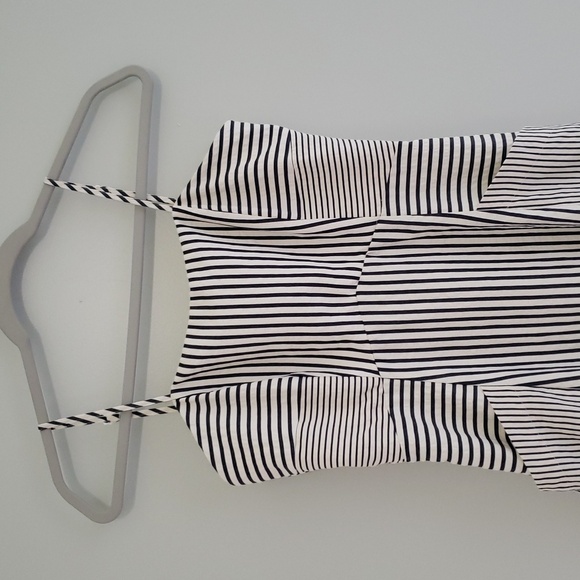 Eclair Mini Sundress XS Navy Blue Cream Ivory Striped Seersucker Pockets Straps - Picture 2 of 15